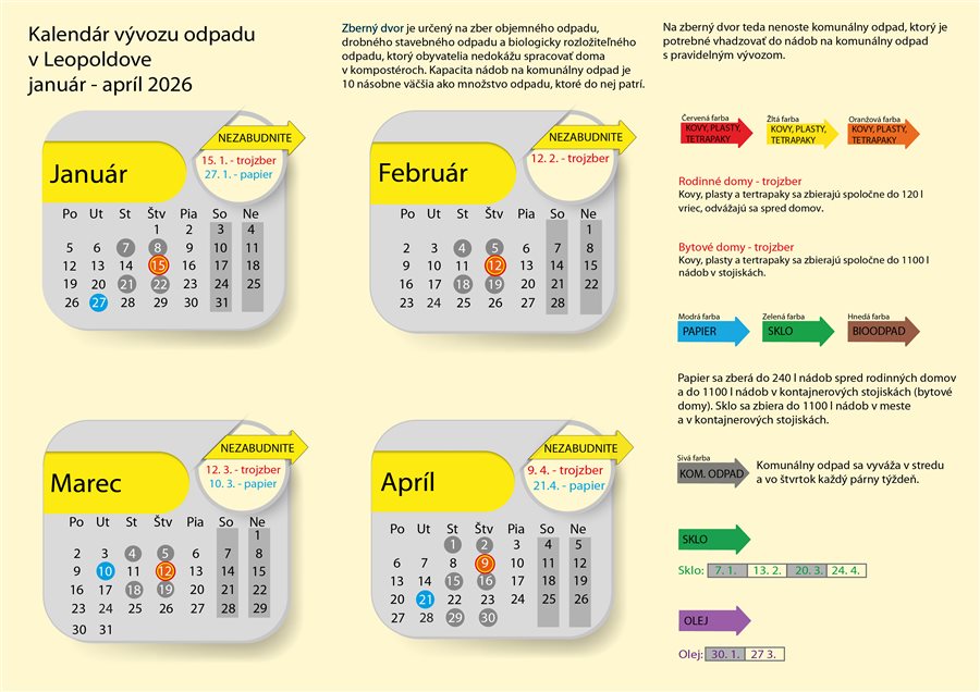Vývozový kalendár odpadu január až apríl 2026